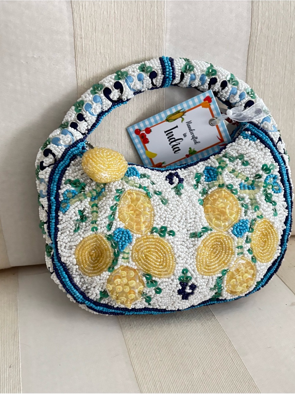 Handcrafted Beaded Lemon Print Wristlet - White & Yellow